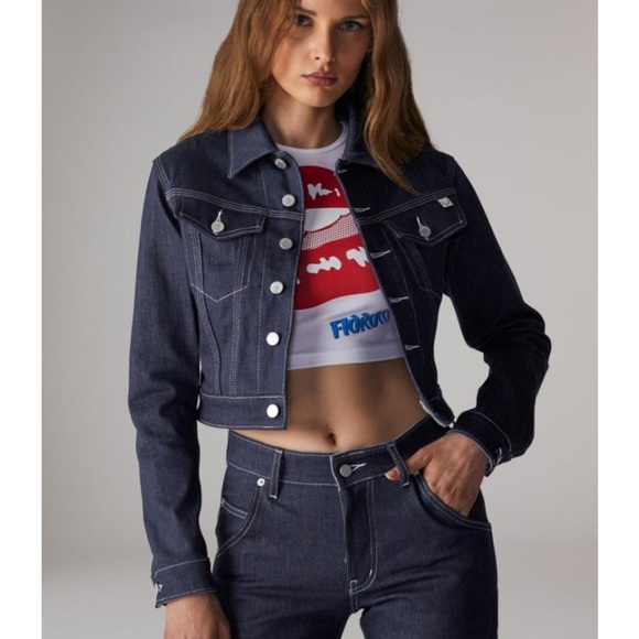 NWT Fiorucci Cropped Trucker Jacket in Indigo Denim - Picture 2 of 4